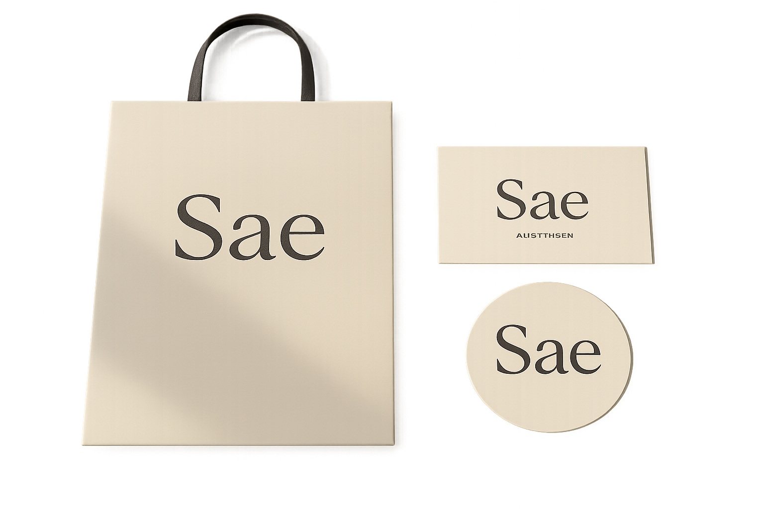 I want you to create an image with a shopping bag and a business card and Sticker with logo ( Sae)